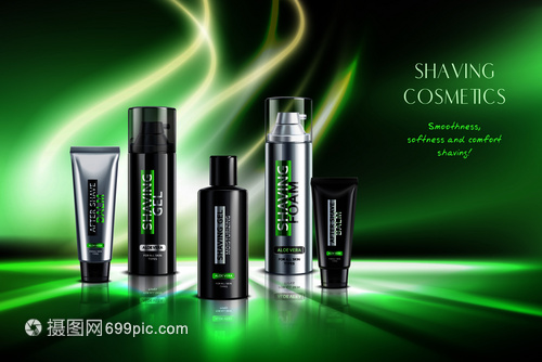 剃須豪華化妝品產(chǎn)品與泡沫橡膠凝膠現(xiàn)實(shí)祖母綠發(fā)光背景廣告海報矢量插圖